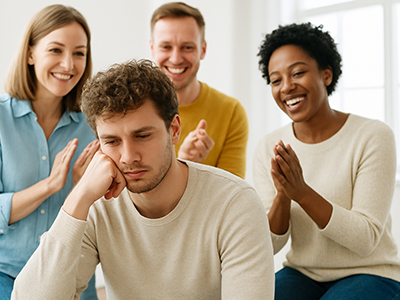 KI generiert - Ein junger Mann, der enttäuscht aussieht, wird von seinen Freunden und Freundinnen bejubelt und angefeuert weiterzumachen. (c) Chat GPT5+
