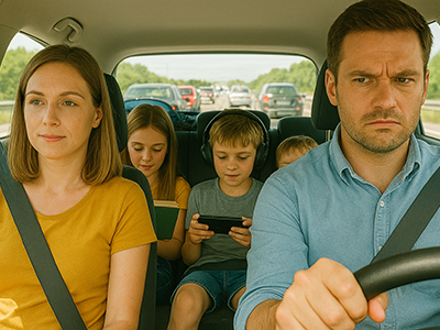 KI generiertes Bild von einer Familie auf dem Weg in den Urlaub. Der Vater wirkt gestresst. (c) Chat GPT 5+