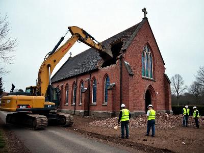 Bagger beim Abriss einer Dorfkirche